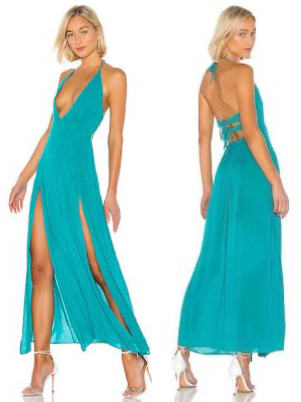 SUPERDOWN Arina Teal Halter Maxi Dress with High Slits